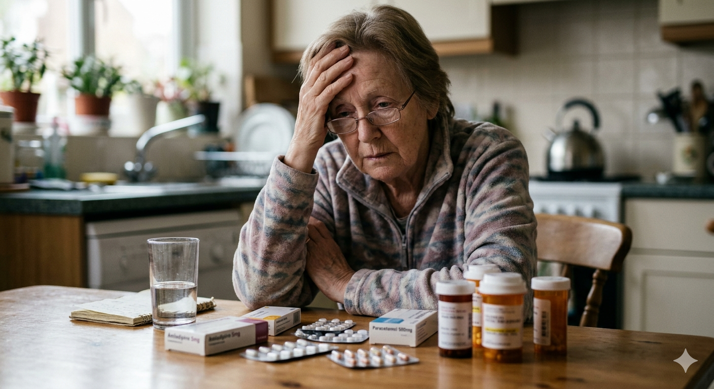 Persona gran preocupada per la medicació